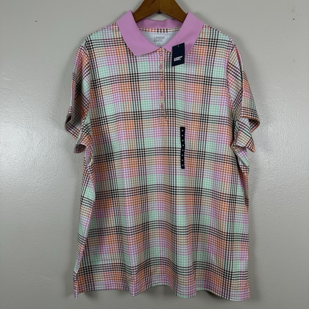 Lands' End Women's 2X Knit Short Sleeve Checker Supima Polo Shirt Top Multi NEW - Picture 2 of 11